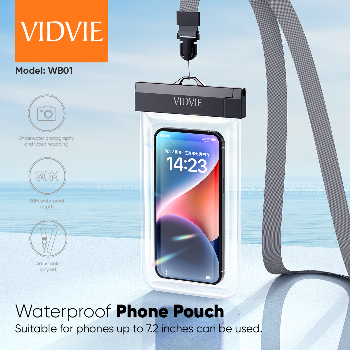 VIDVIE WB01 WATERPROOF PHONE POUCH – 7.2" IPX8 UNIVERSAL UNDERWATER CARRIER