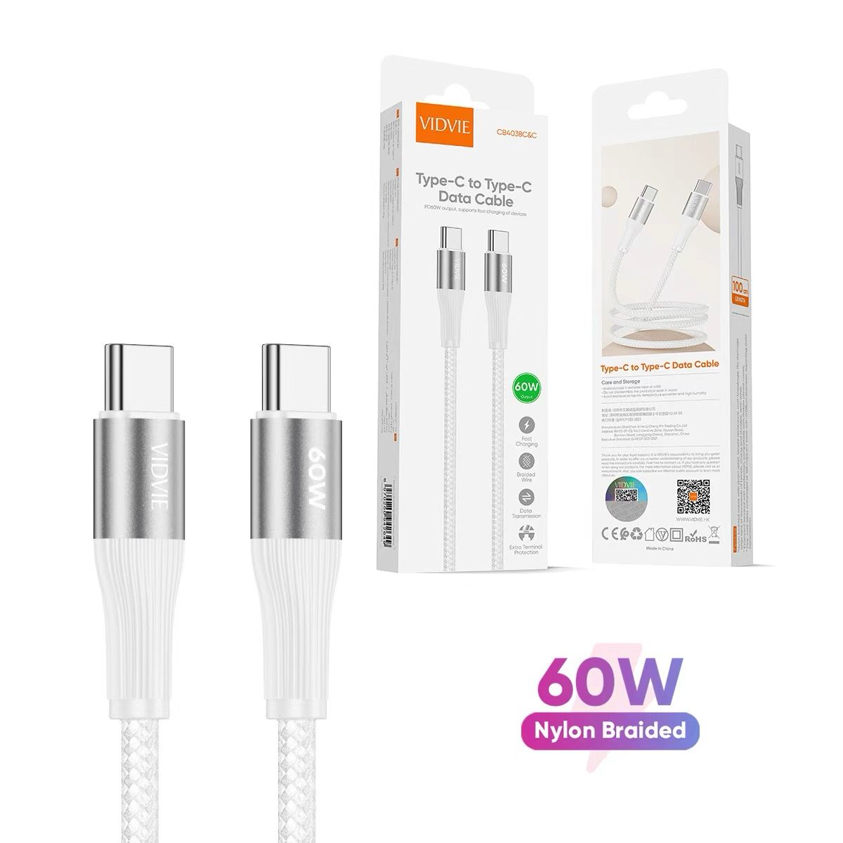 VIDVIE CB4038- TYPE-C TO TYPE-C CHARGING CABLE